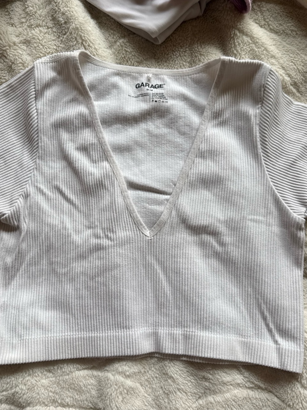 Garage White Ribbed Deep V Cropped Knit Top